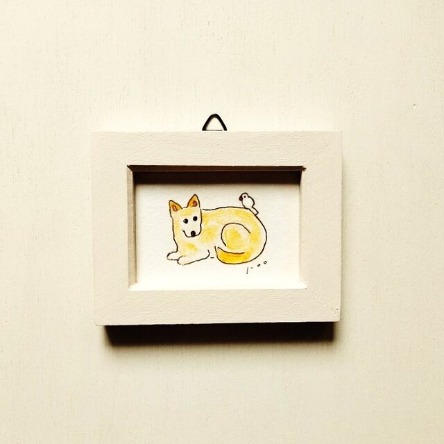犬イラスト「仲良し」ミニ原画 ペン画 小さな絵 ※木製額縁入り | iichi