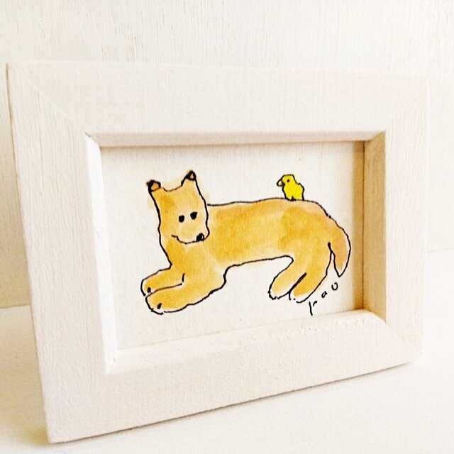 ミニ原画】「仲良し」 ※木製ミニ額入り イラスト・犬の絵・鳥の絵