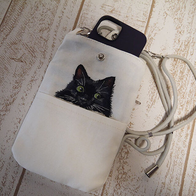 コットン素材で作った、うちの子スマホポシェット（黒猫ちゃん