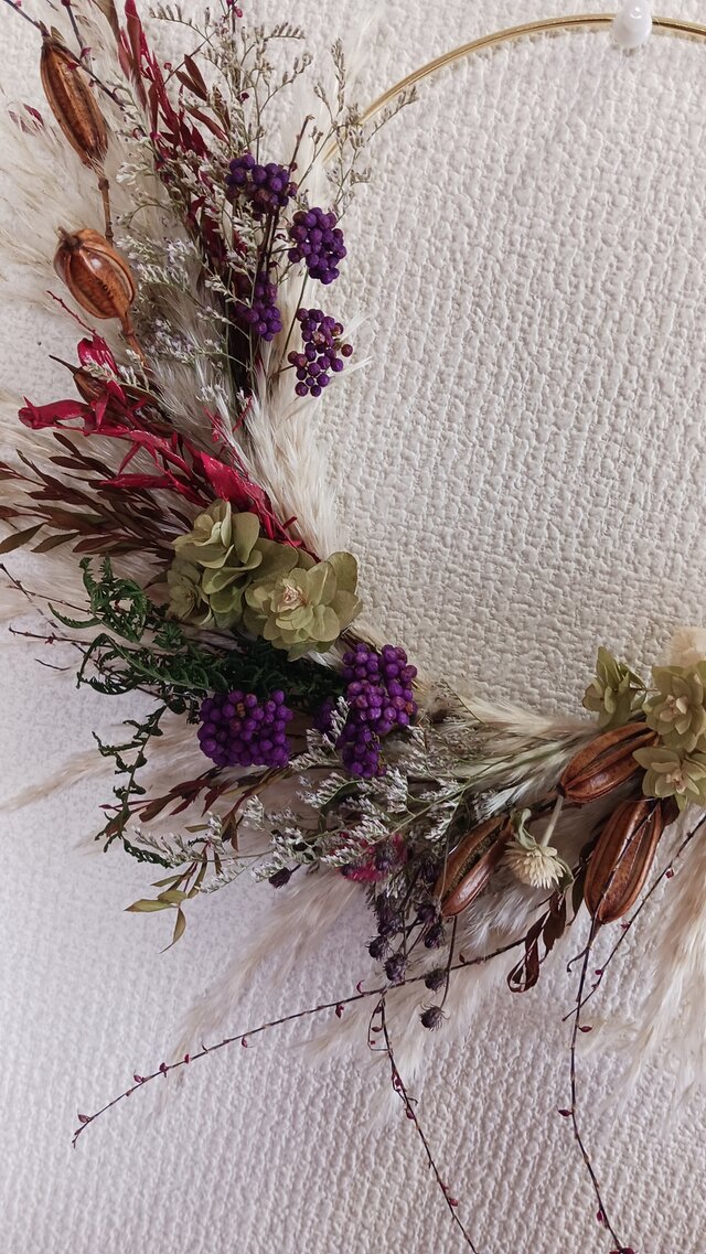 ハンドメイド ドライフラワーリース 秋色アジサイ 直径24×27 ハンドメイド ドライフラワーリース 秋色アジサイ 直径24×27