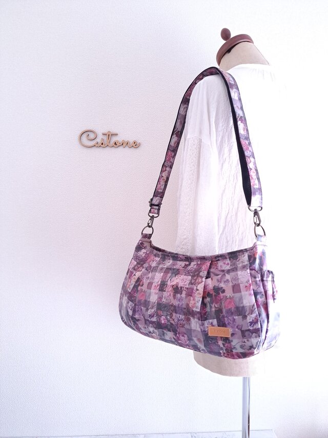 持ち手付　リバティ　ラミネート　アーカイブギンガム　パープル　横長ショルダー 受注製作♪ リバティ アーカイブギンガム パープル ラミネート