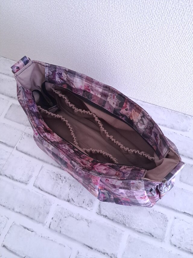 持ち手付　リバティ　ラミネート　アーカイブギンガム　パープル　横長ショルダー 受注製作♪ リバティ アーカイブギンガム パープル ラミネート