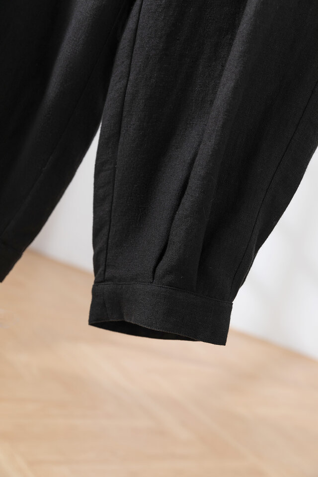 きれいに穿けるフロントタックパンツ リネン100％ 裾絞りハイウェスト