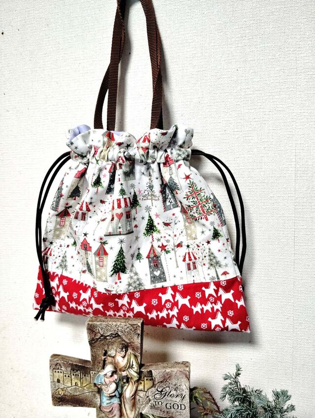 2025ドイツのクリスマス　もみこの木　教会　ダビデの星　巾着ポーチ　巾着バッグ　マッシュルーム　小鳥