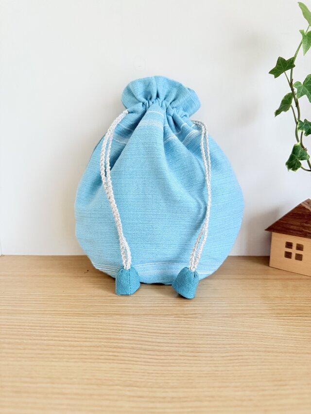 播州織のラウンド巾着袋（青緑）