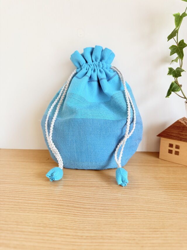 播州織のラウンド巾着袋（ターコイズブルー）