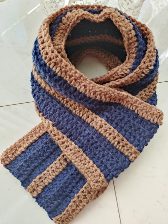 マフラー ストライプ ネイビー✖ブラウン キャメル 男女兼用 ユニセックス 手編み 編み物 編み