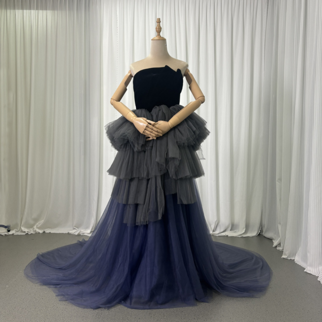 カラードレス ブルーグレー ベアトップ アシンメトリードレス デザイン感 ロングトレーン 前撮り