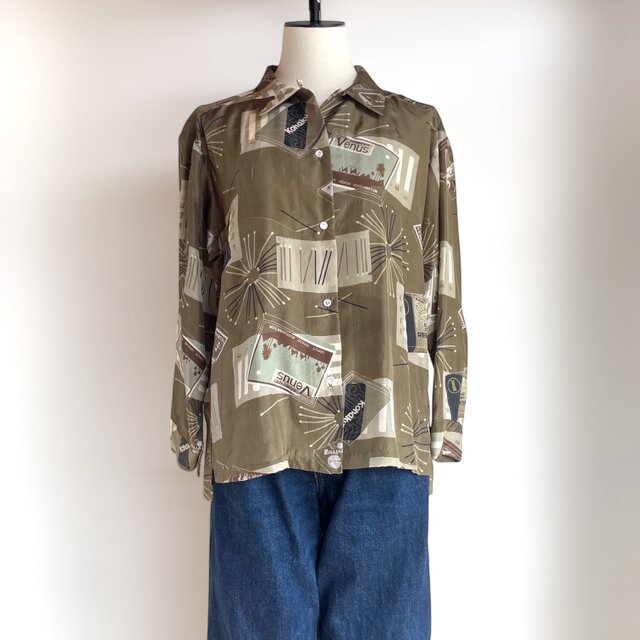 オープンカラー　シャツ【送料込み】着物リメイク　カーキ