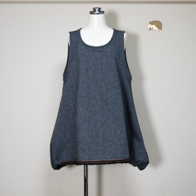 【グレートーンのハーフリネン】バルーンベスト（裾耳仕様）◆ブラックグレー◆フリーサイズ