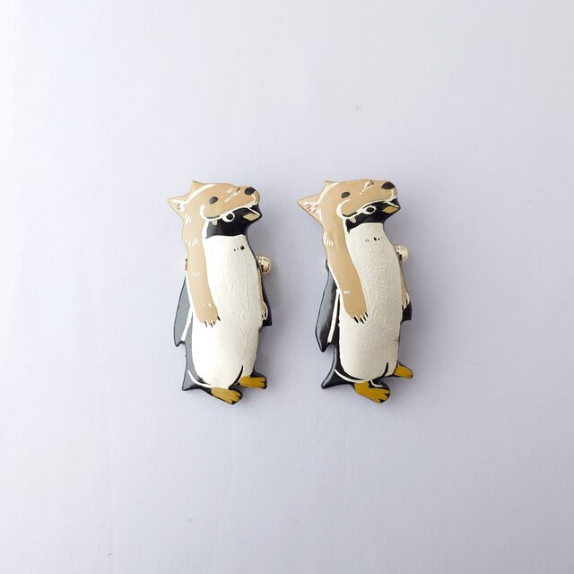 オオカミ・ジェンツーペンギン 漆ブローチ