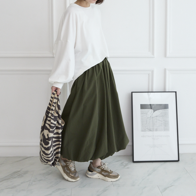 【丈調整できる】撥水加工素材のバルーンスカート 2サイズ カーキ　0739KH