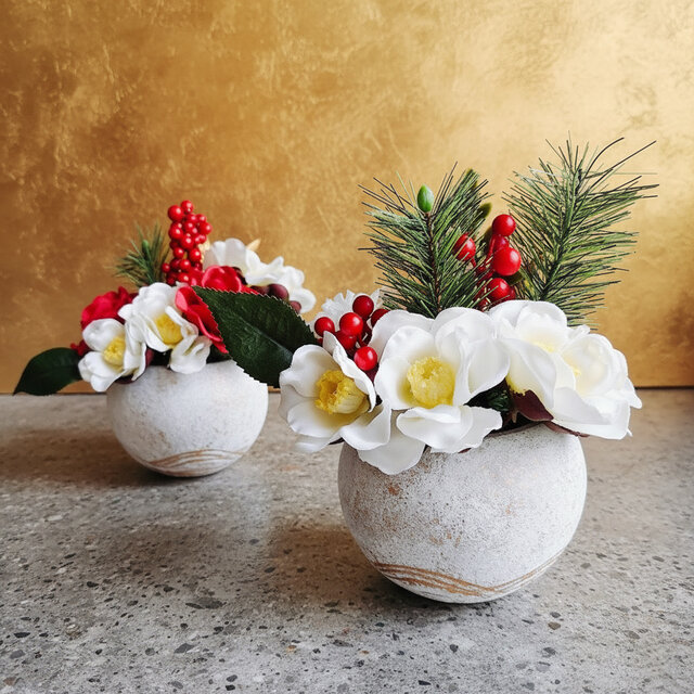 【2026】寒椿の和風ポット　お正月　しめ飾り　しめ縄　フラワーアレンジ　インテリアフラワーのコピー