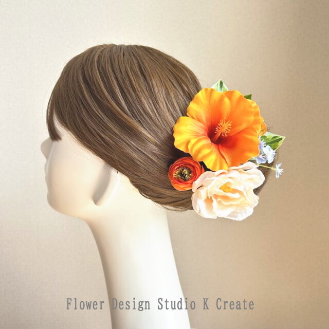 オレンジのハイビスカスとピーチローズのヘッドドレス　結婚式　ウェディング　リゾ婚　海外挙式　ハイビスカス　バラ　オレンジ　ピーチ