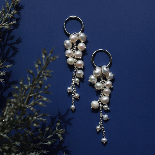 淡水真珠による白藤のピアス・サージカルステンレス・イヤリング可　～白藤（しらふじ）