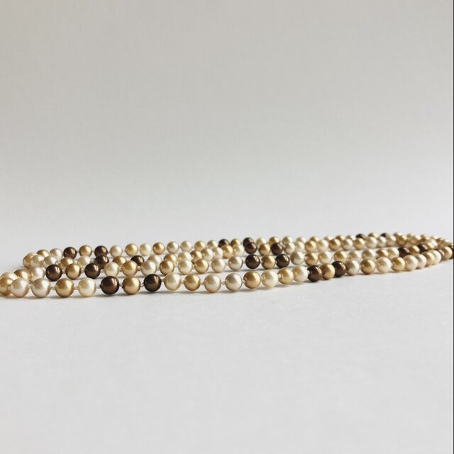 ガラスパールバイカラーオールノットロングネックレス/エンドレス/6mm約90cm/ブラウン・ベージュmix/日本製