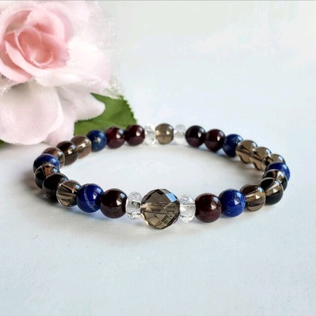 天然石＊スモーキークォーツ×ガーネット×ラピスラズリ＊ブレスレット＊お守り＊仕事＊落ち着き＊天然石ブレスレット＊パワーストーン