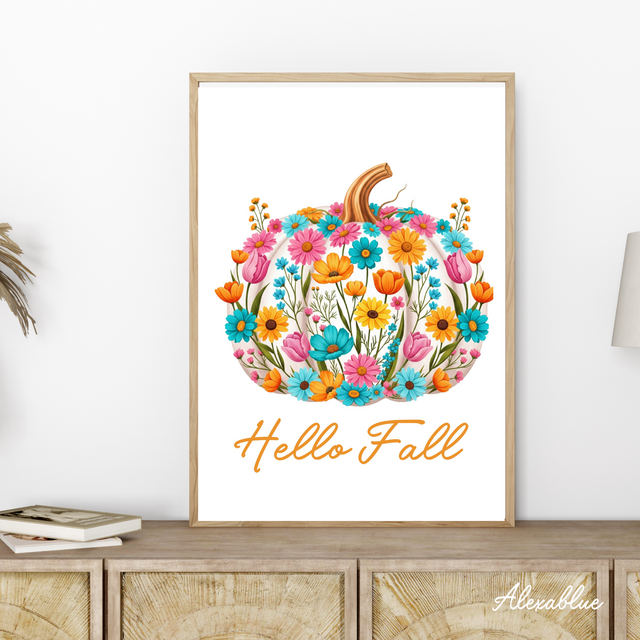 Hello Fall 秋のカラフルパンプキン ポスター｜おしゃれ 北欧風 インテリアアート A4 壁掛け ウォールデコ