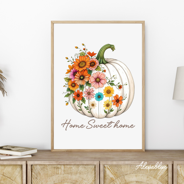 Home sweet home 秋のフラワー＆パンプキン ポスター｜おしゃれ 北欧風 インテリアアート A4