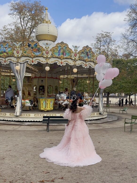 実例写真！パフスリーブのみ 取り外し袖 可愛い 薄ピンク リボン ストレッチ ソフトチュール 花嫁