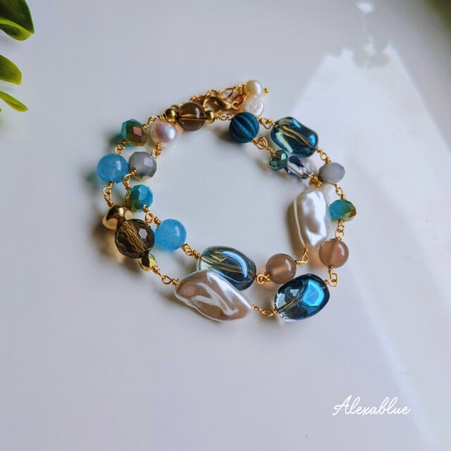 Blue Serenity｜ブルージェード × グレーオニキス 2連ブレスレット｜天然石  ボリュームデザイン パーティ