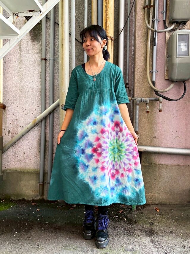 タイダイ ロングワンピース ディープグリーン 美しく繊細な大曼荼羅 HD24-94