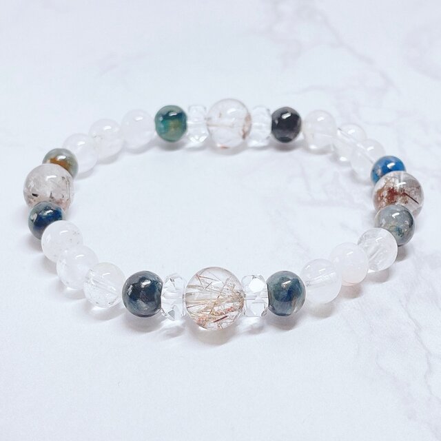 ゴムで装着簡単♪職場や日常のストレスを緩和し前向きに◎トルマリンルチル・カイヤナイト パワーストーンブレスレット No819