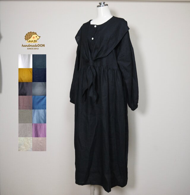 カラーリネン◆セーラーりぼんのふわっとワンピース　長袖◆黒◆フリーサイズ（中厚、リネン100％）