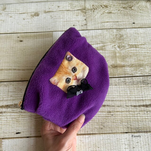 大人かわいい♡猫ちゃんのふんわり秋冬ポーチ フリース サテン 花