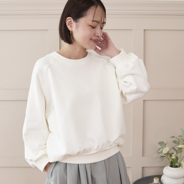 大人のスウェット ビックシルエット 柔らか ドルマンスリーブトレーナー　ホワイト　0748WH