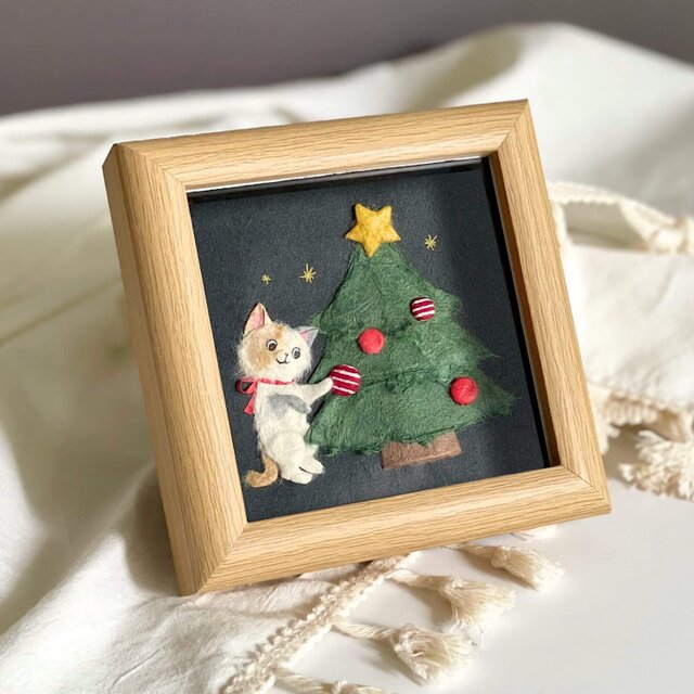 ［原画］和紙ちぎり絵『クリスマスツリーとネコ』冬を彩る小さなインテリアアート