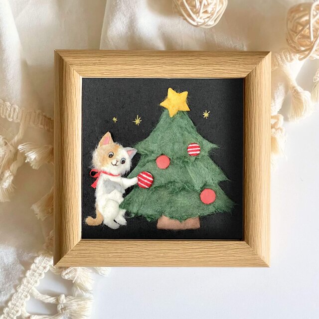 原画］和紙ちぎり絵『クリスマスツリーとネコ』冬を彩る小さな