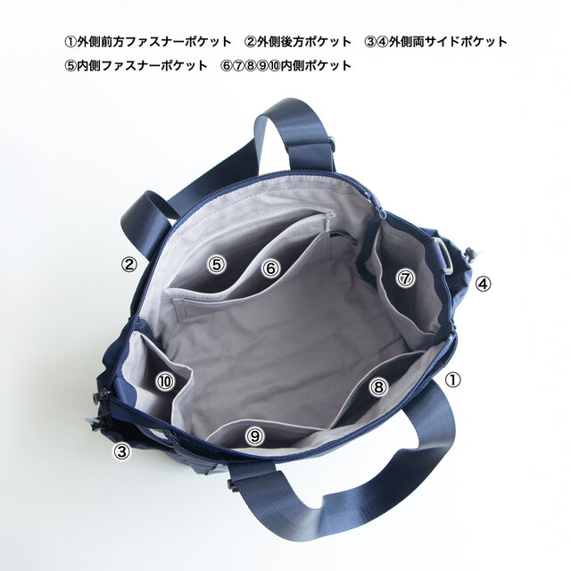 10ポケット3WAYバッグ［Mサイズ］撥水加工ナイロン｜ファスナー付｜斜 