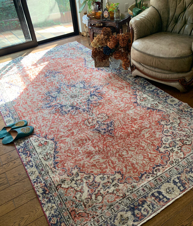 超大判　コーラルレッド　265×144 トルコヴィンテージラグ　メダリオン 超大判 コーラルレッド 265×144 トルコヴィンテージラグ メダリオン 超