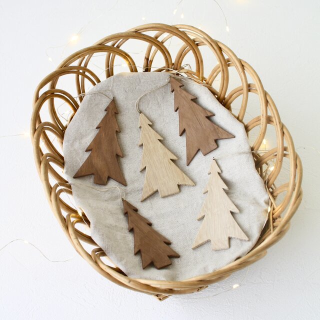 もみの木の木製クリスマスオーナメント＊５個セット｜ウォールナット＆ホワイトオーク