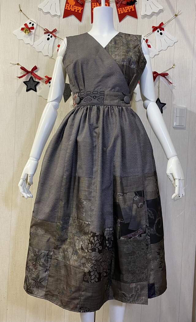 大島紬 パッチワーク カシュクールワンピース