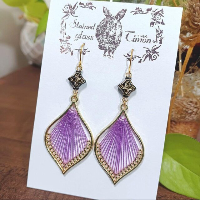エスニックデザイン♡エレガントリーフピアス パープル ハンドメイド No.1674