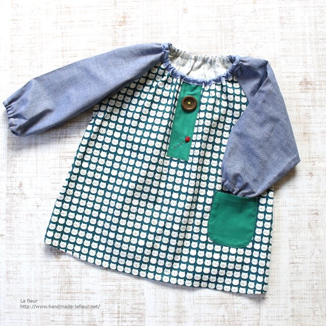 【100】スモック＊ねこ×ダンガリー　グリーン　入園準備