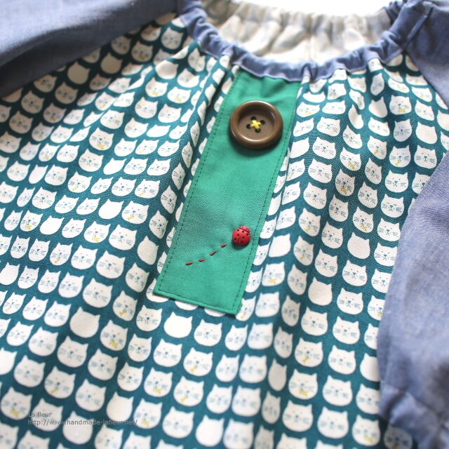 100】スモック＊ねこ×ダンガリー グリーン 入園準備 | iichi