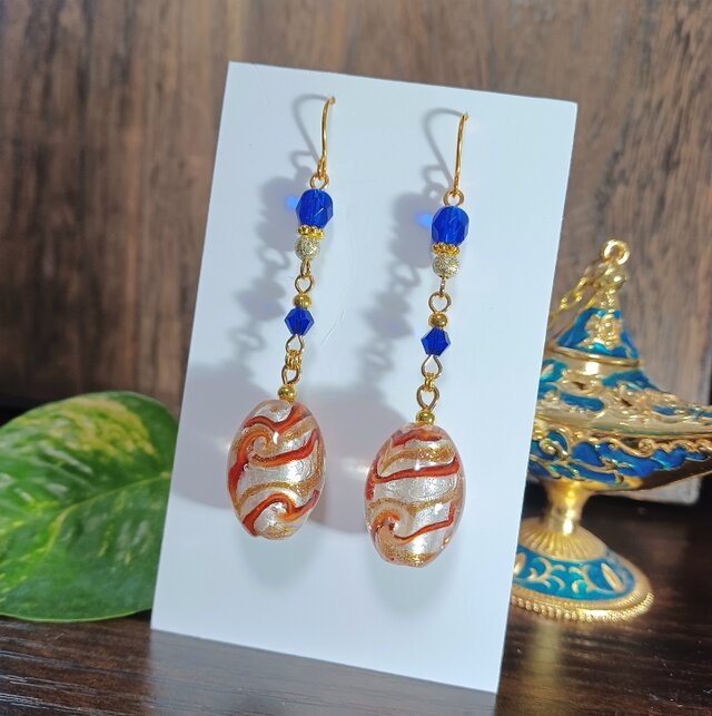 アラビアンピアス☪︎魔法の絨毯 レッド×ブルー ハンドメイドNo.1238