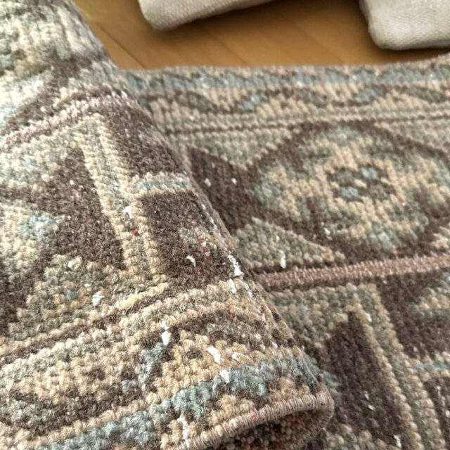 42.5×131 カーキ パッチワーク ランナーラグ トルコヴィンテージラグ