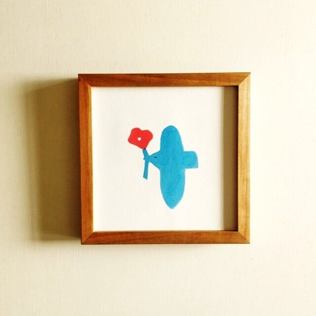 鳥のイラスト「花と鳥（青）」 絵画｜原画　※木製額縁入り　(18×18㎝フレーム）インテリアアート