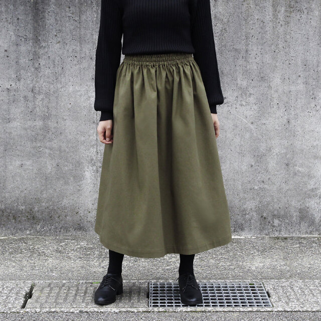 コットンリネン ギャザースカート（ オリーブドラブ ）リネン 綿 麻 ロング マキシ ポケット