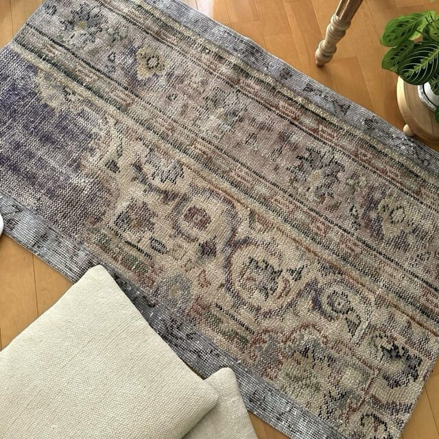 66×136ブラウン×ブルー　擦れシャビー　トルコヴィンテージラグ 66×136ブラウン×ブルー 擦れシャビー トルコヴィンテージラグ 66