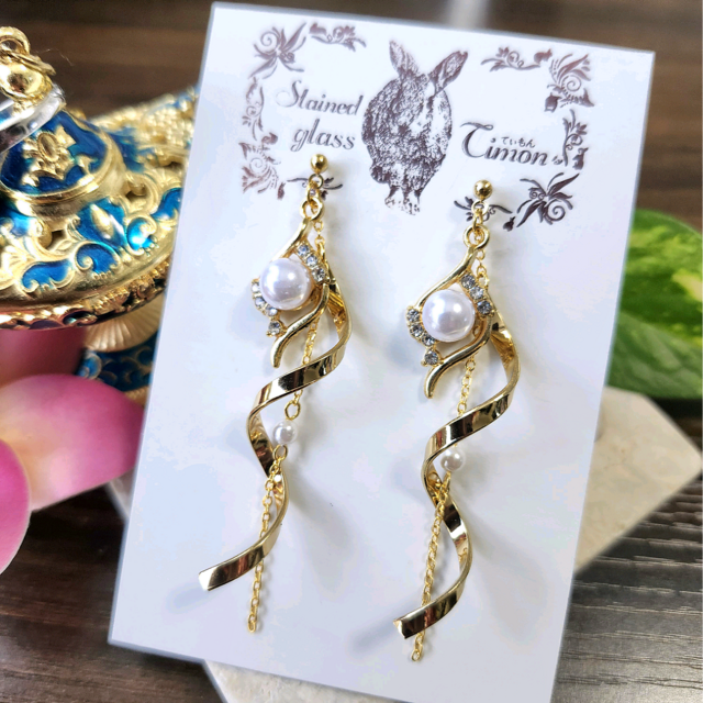 カラーの花❀ロングチェーン ポストピアス パールモチーフ No.1797