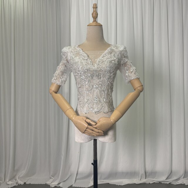 ボレロ 半袖 3D立体レース刺繍 くるみボタン ビーズ キラキラスパンコール 結婚式/披露宴