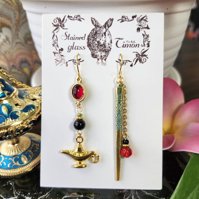 魔法のランプとステッキピアス☪︎ヒール 赤 アラビアン No.1739