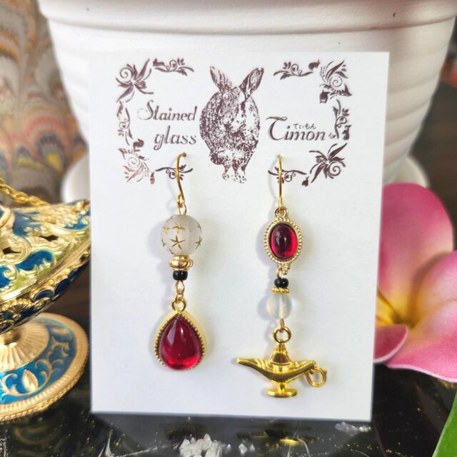 星闇☪︎魔法のランプピアス ヒール レッド アラビアン No.1742