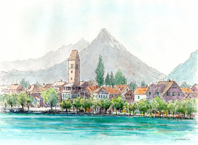 水彩画原画 夏のインターラーケン旧市街・スイス ＃694 | iichi