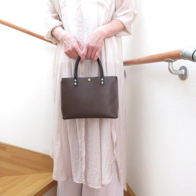 手縫い☆《牛革》新デザイン♪フラットミニマルトート・スムース・ダークブラウン・0501